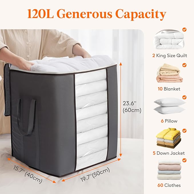 120L Extra Large Blanket Storage Bags, Storage Bin with Lids 2 Pack