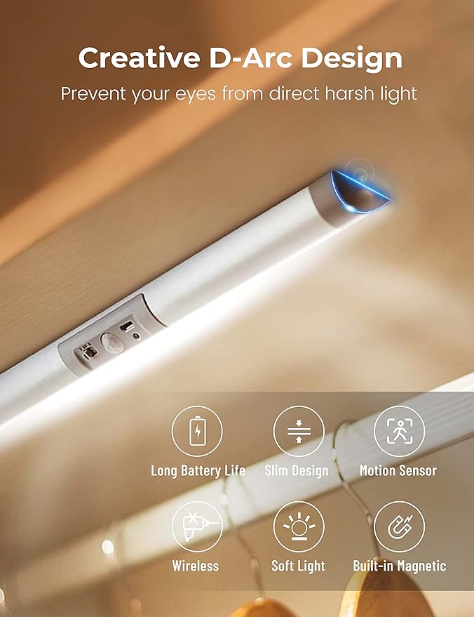 Joyzy 2 Pack Motion Sensor Closet Lighting with Eye Protection Design Automatic Closet Lights Battery Operated Pantry Light Wireless Lightings, LED Rechargeable Counter Lighting for Wardrobe