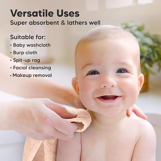 6-Pack Baby Washcloths – Soft Absorbent Viscose from Bamboo Washcloths for Face, Body, Baby Towels for Newborn, Kids, Toddlers, Infant, Gentle on Sensitive Skin, 10x10 Reusable Face Towels (Peachy)