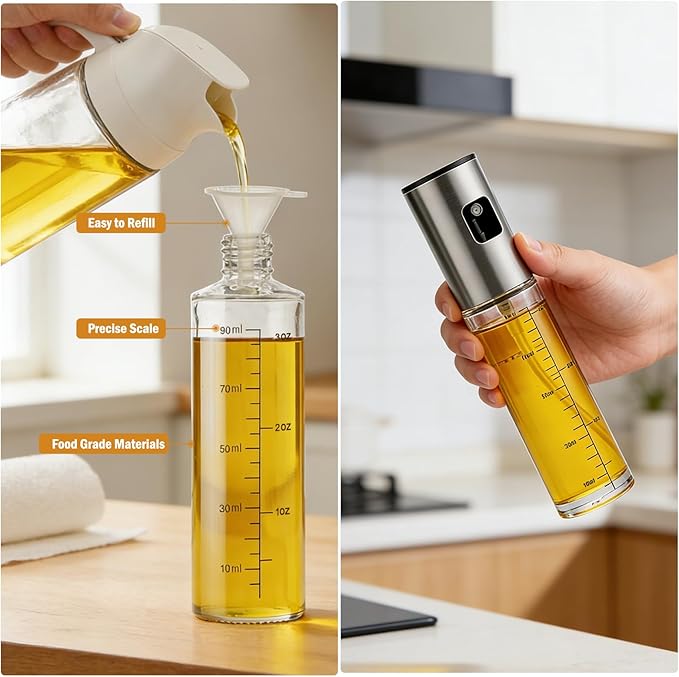 Oil Sprayer for Cooking, Upgraded 2 Pack Refillable Olive Oil Spray Bottle Mister with Brush for Air Fryer Oil Vinegar Portable Glass Kitchen Gadget for BBQ, Salad, Roasting, Grilling Local Stock