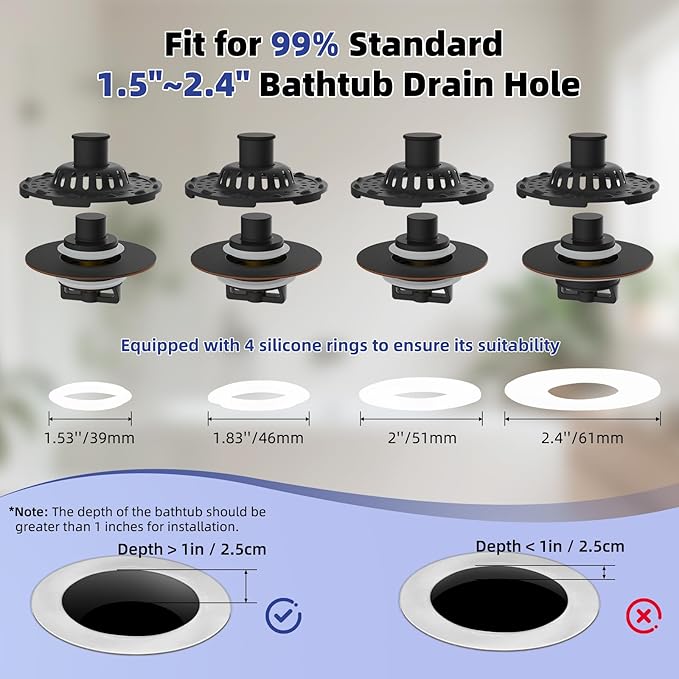 Metal 2 Pack Bathtub Drain Stopper with Top Hair Catcher, 3 in 1 Pop-up Bathtub Strainer