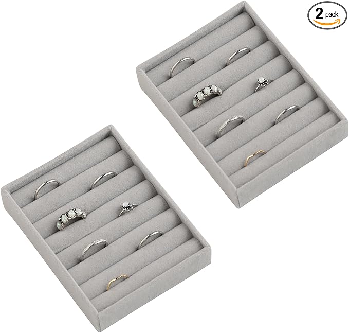 Small Jewelry Tray Set, Velvet Ring Organizer, Set 2,Grey