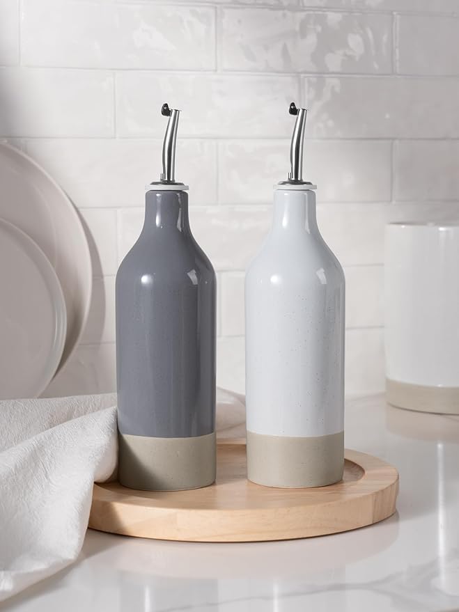 famiware Milkyway 16oz Ceramic Olive Oil Dispenser Bottle, Olive Oil and Vinegar Dispenser Bottle Set of 2 with Stainless Steel Pourers, Suitable for Storage Vinegar, Liquids, Light Gray and Dark Gray