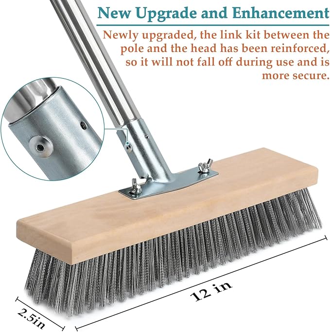 Stainless Steel Deck Scrub Brush with Long Handle, Outdoor Broom for Concrete, Deck, Cement Floor Cleaning, 53" Long Handled Heavy Duty Floor Scrubber