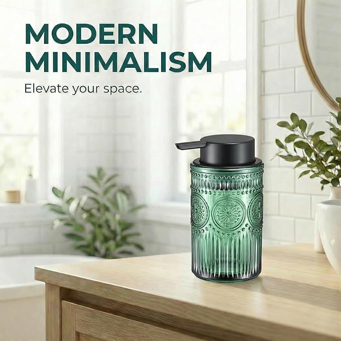 Green Glass Foaming Hand Soap Dispenser with Matte Black Pump Decorative Thick Embossed Bottle Refillable for Bathroom and Kitchen 12 fl oz