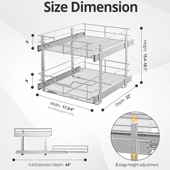 ZOINLIY Pull Out Cabinet Organizer, Versatile Slide Out Kitchen Organizers and Storage,Heavy Duty Drawer Cupboard Storage Basket, Smooth Sliding, Chrome Finish (2-Tiers-17¾''W×22“D)