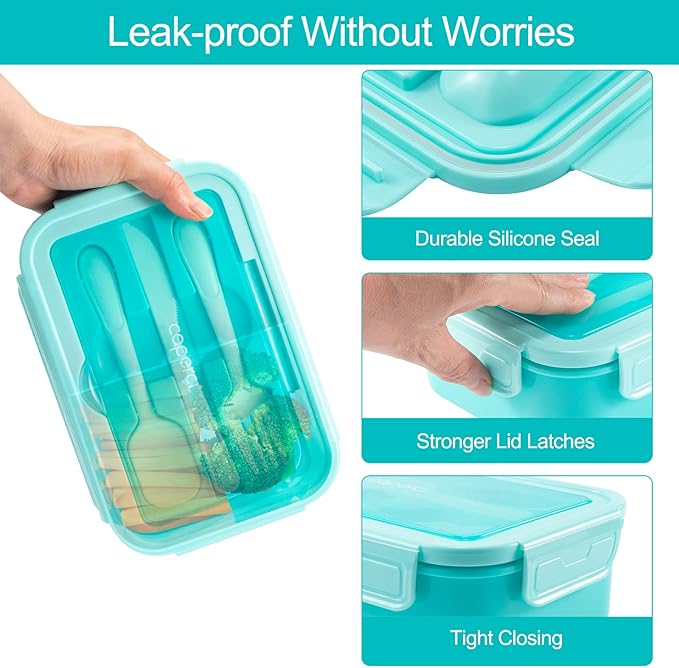 Caperci Classic Bento Box Adult Lunch Box for Older Kids - Leakpoof 47 oz 3-Compartment Lunch Containers for Adults and Teens, Built-in Utensil Set