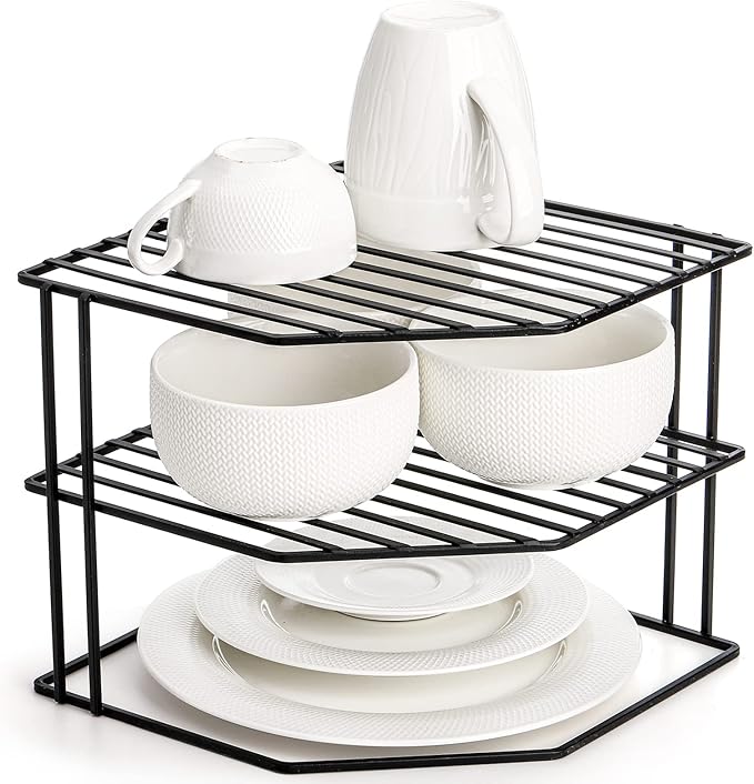 Frcctre 3-Tier Kitchen Corner Shelf Rack Counter and Cabinet Organizer, 9x9x7.5 Inch Metal Wire Kitchen Counter Pantry Cabinet Organizer and Storage Shelf for Plates, Cups, Dishes