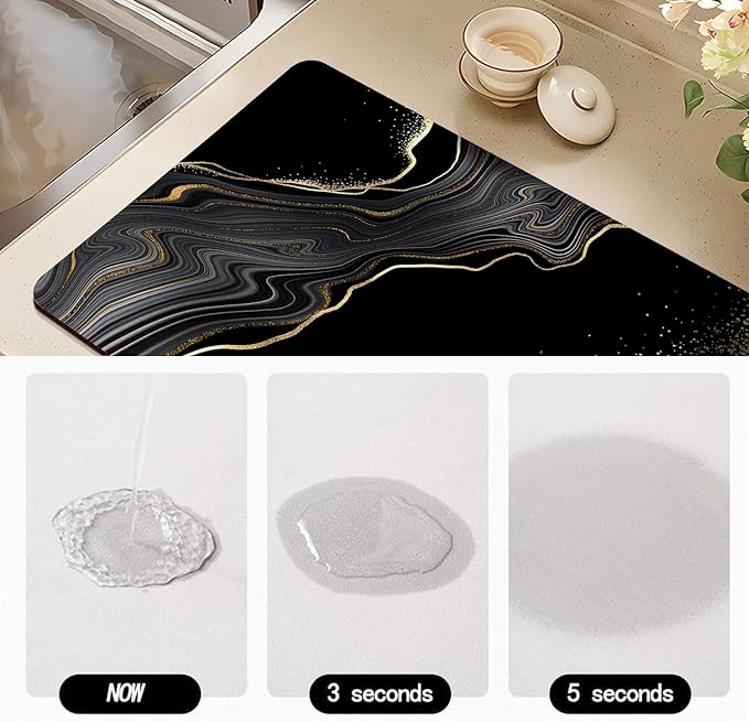Dish Drying Mat for Kitchen Counter, Black and Gold Marble Design, Washable Absorbent Quick Dry Pad with Rubber Backing, Draining Mat for Dishes Coffee Table, 16" x 24"