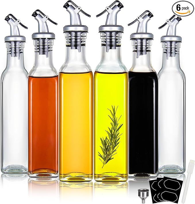 YEBODA 8oz Clear Glass Olive Oil Dispenser Bottles, and Vinegar Cruet Bottle Includes Pourers, Funnel Labels, Cooking Container for Kitchen 6 Pack