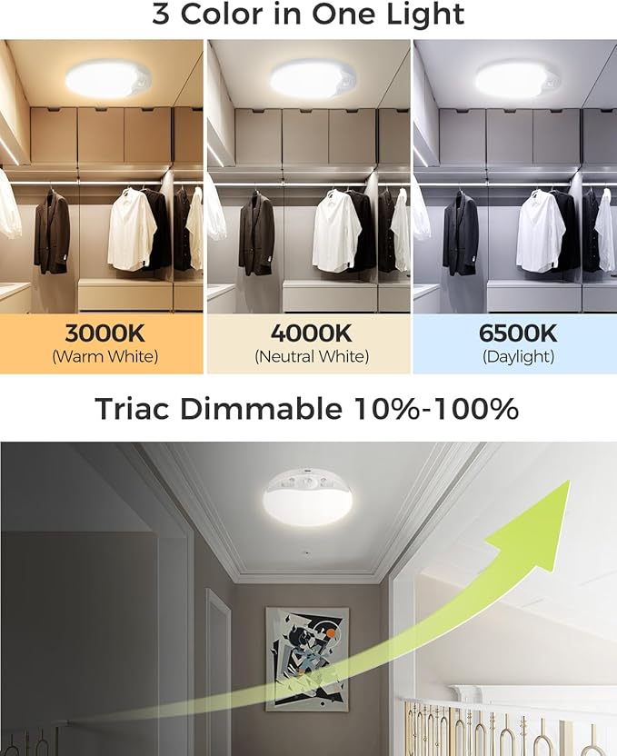 2Pack Rechargeable Motion Sensor Ceiling Light with Remote, Magnetic Wireless Ceiling Light Battery Powered, 3000K/4000K/6500K, Dimmable, Timer, Motion Activated, for Closet Shower Hallway Pantry