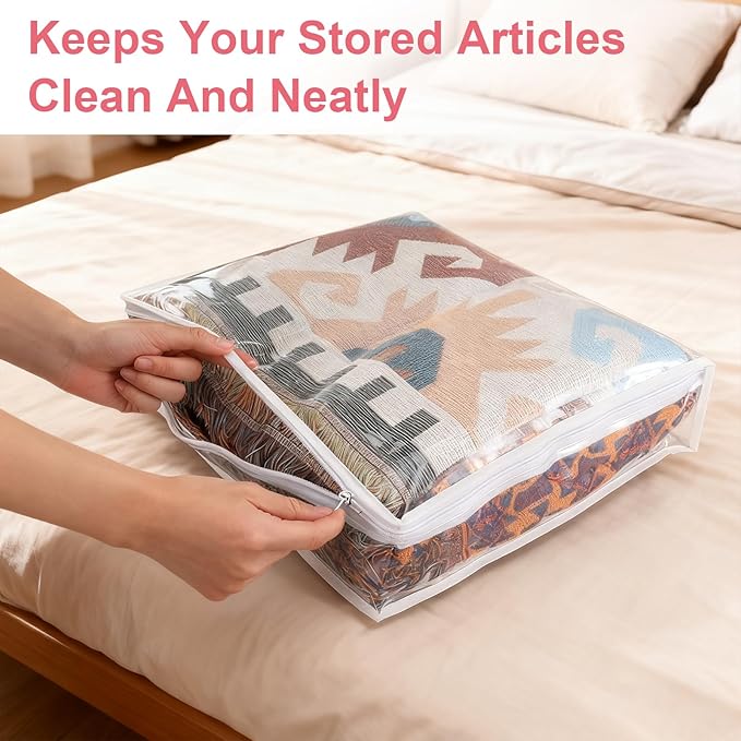 Kifmurase 6Pcs Clear Storage Bags, Plastic Blanket Storage with Zipper, Moving Bags, Closet Organizers for Comforter, Clothes, Blankets, Sweater, Bed Sheet, Bedding (15.7 x 13.8 x 3.9 Inch)