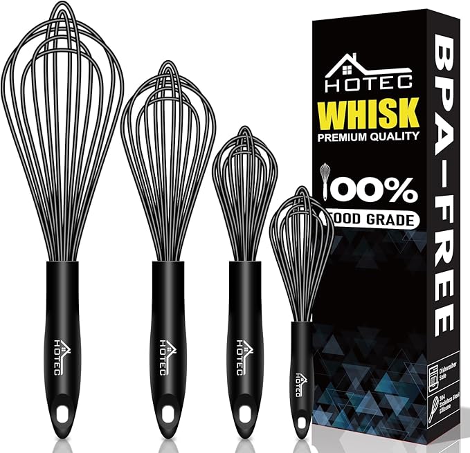 HOTEC 4 Pieces Silicone Whisks Set, Wire Balloon Whisks Egg Beater, Non-slip Handle Whisk for Non-stick Cookware Perfect for Cooking, Stirring, Beating and Blending (Black)