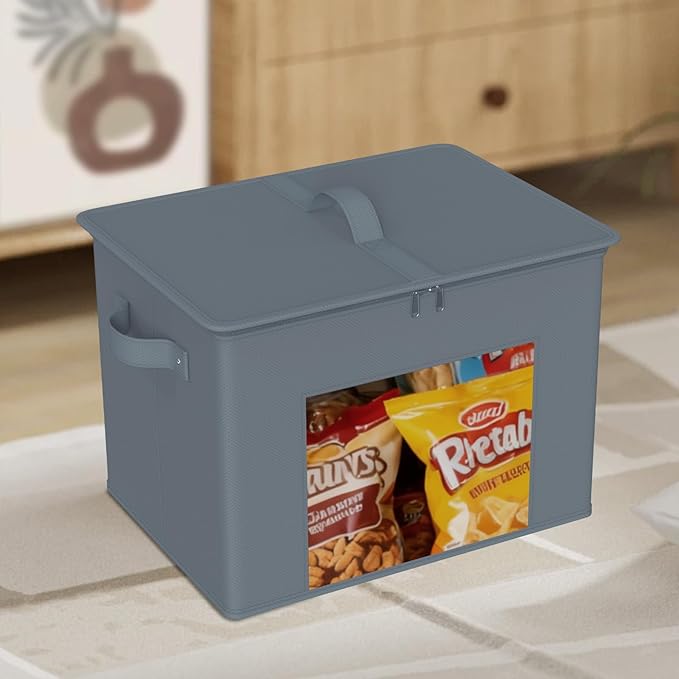 Zilink Fabric Foldable Storage Boxes with Lid 4-Pack Stackable Storage Bins with Zipper & Clear Window Fabric Closet Containers and Organizers for Home, Office, Bedroom (Grey,17" x 12" x 12")
