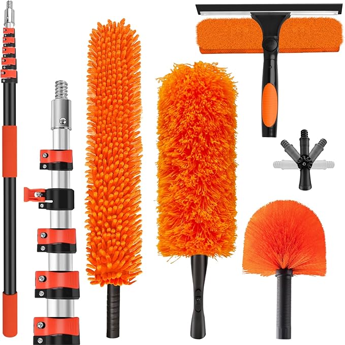30FT High Reach Duster Cleaning Kit with 5-24 FT Extension Pole,High Ceiling Dusting and Window Cleaning Kit with Microfiber Feather Duster,Cobweb Duster,Ceiling Fan Duster,Window Squeegee Cleaner