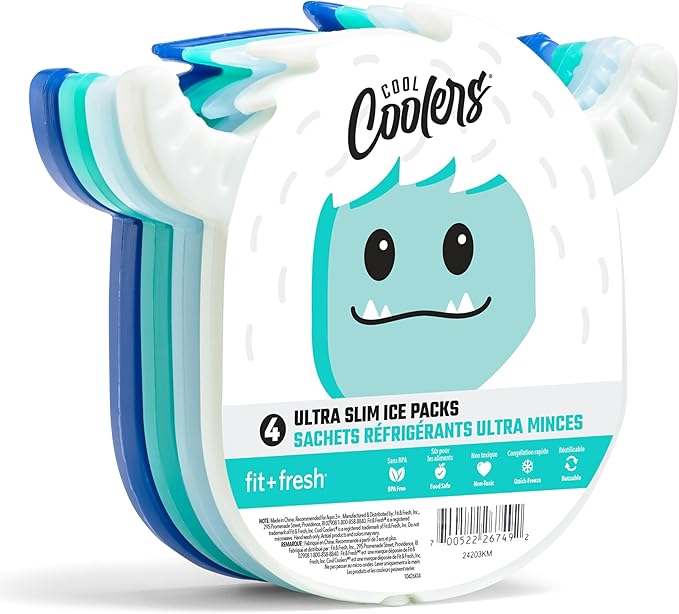 Cool Coolers by Fit & Fresh Kids Lunch Box Ice Packs, Slim Shaped Freezer Pack for Lunch Bags and Coolers 4 Pack Yeti Shape