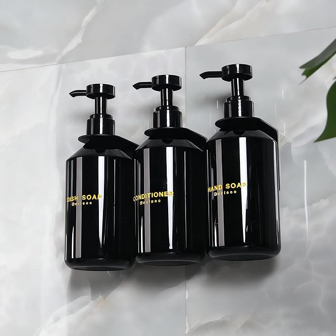 Wall Mounted Shampoo Dispenser for Shower, 3 Chamber 16.9 fl oz Each, 4CC Pump Soap Dispenser for Bathroom, Glossy Black Shampoo and Conditioner Dispenser with Crystal Labels (Black)