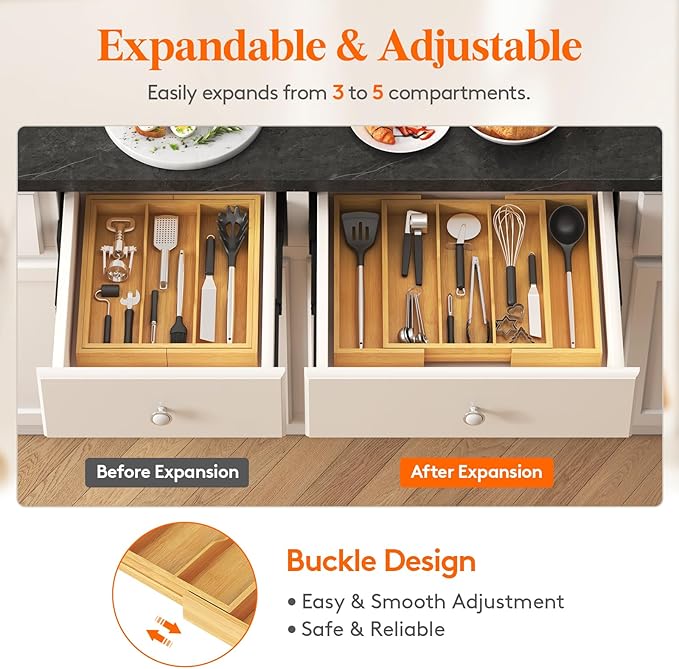 Lifewit Utensil Organizer for Kitchen Drawer, Expandable Cooking Utensil Tray, Cutlery Silverware Flatware Holder