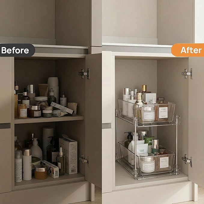 2 Pack Bathroom Organizer,2 Tier Clear Under Sink Organizers Vanity Countertop Storage Container,Cabinet Drawers Bins, Pull-Out Organization with Track for Pantry, Kitchen