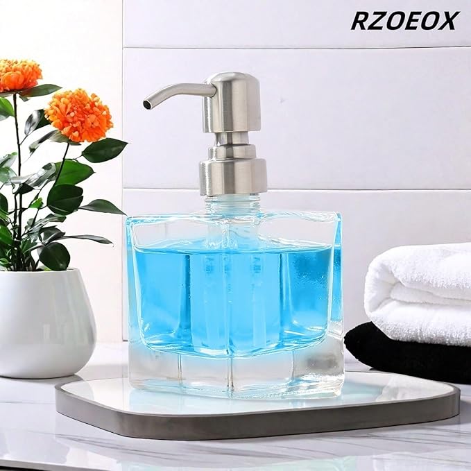 Hand Soap Dispenser Square with Brushed Nickel Pump, 8.4 oz Liquid Clear Glass Soap Dispenser with Stainless Steel Pump for Dish Soap Bathroom Kitchen Vanity Countertop