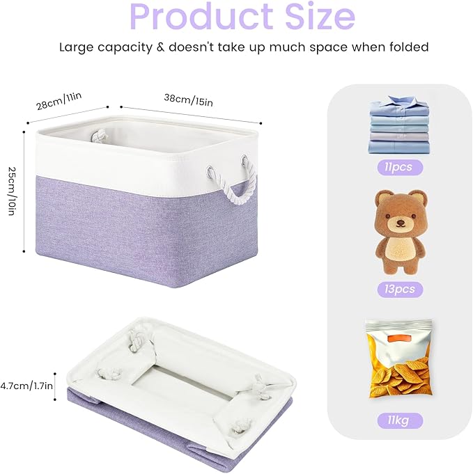 Large Storage Baskets- 15x11x10 inch Storage Bins for Shelves and Closet Organizing, Foldable Fabric Bin for Home Organization Clothes and Laundry (6-Pack, White&Purple)