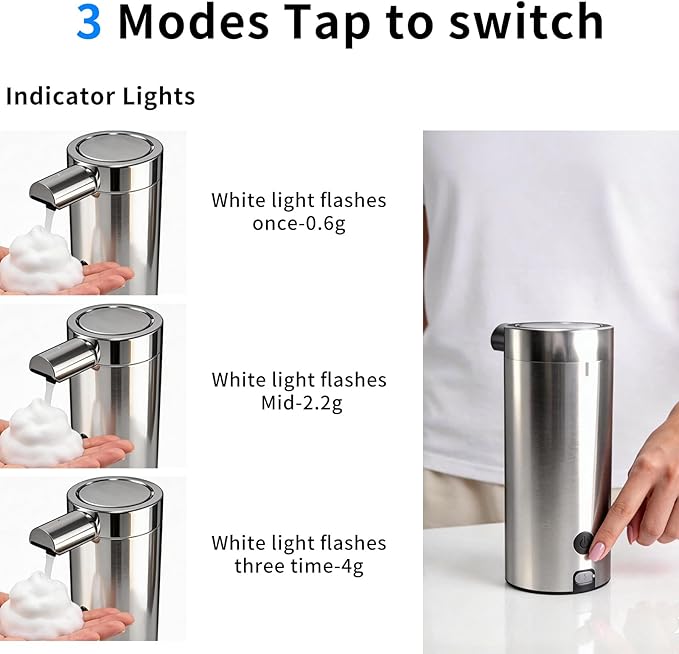 Touchless Automatic Soap Dispenser,11.84 oz Rechargeable Automatic Soap Dispenser, 3-Level Adjustable Liquid soap Dispenser, Suitable for bathrooms and Kitchens (Stainless)