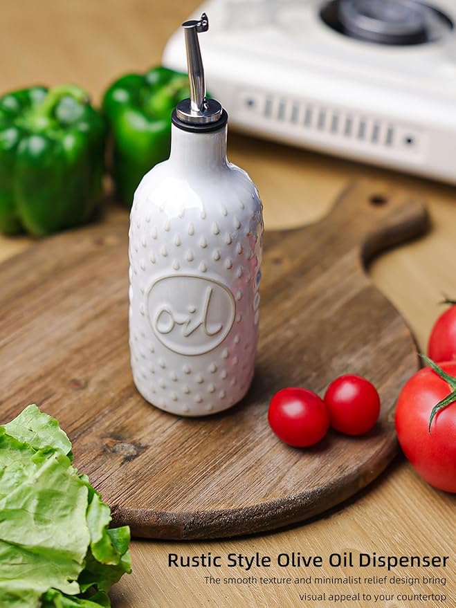 GDCZ Ceramic Olive Oil Dispenser Bottle, 15 Oz Relief Opaque Oil Cruet for Kitchen Counter, Oil Dispenser for Storage Oil, Vinegar, Soy Sauce, Coffee Syrup, Liquids (White)