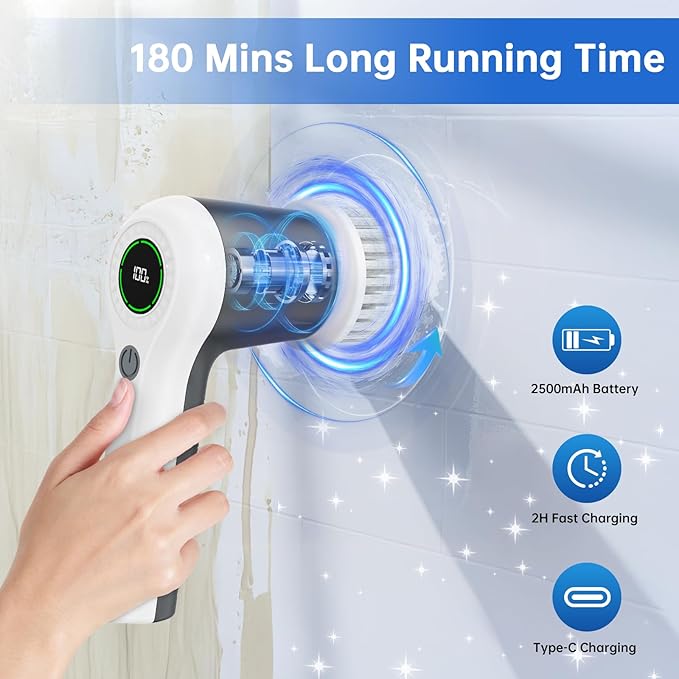 PUFTEM Electric Spin Scrubber, Cordless Shower Scrubber with Battery Level Display, 2 Speeds Electric Scrubber for Cleaning with 6 Replaceable Heads, Cleaning Brush for Bathroom/Sink/Window (Gray)