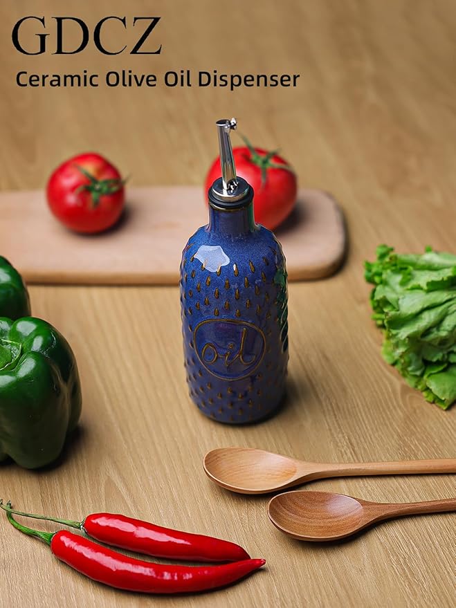 GDCZ Ceramic Olive Oil Dispenser Bottle, 13 Oz Relief Opaque Oil Cruet, Oil Dispenser for Kitchen Counter, for Storage Oil, Vinegar, Soy Sauce, Coffee Syrup, Liquids (Blue)