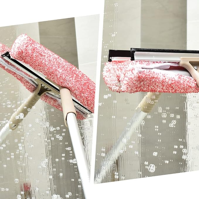 Multi-Purpose 12 inch Window Squeegee with 6.7inch-49.4inch Adjustable Aluminum Pole, Highly Absorbent Microfiber Window Scrubber for Window Cleaning