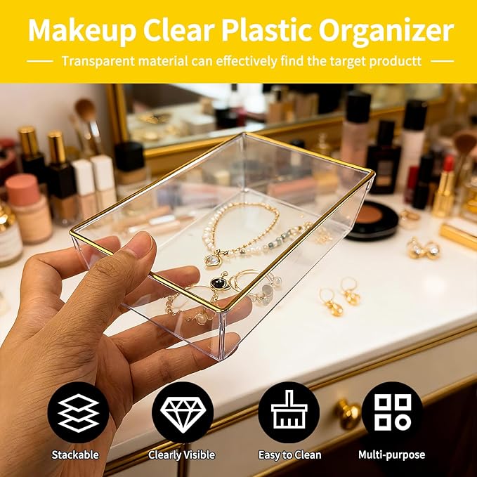 6 Pack Large Size Clear Stackable Drawer Organizer Trays, Gold Rim Makeup Drawer Storage Tray Divider, Desk Storage for Makeup, Jewelry, Bathroom