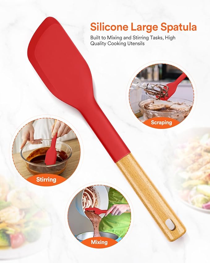 Silicone Everyday Spatula, Great For Stirring, Mixing And Scraping, Sturdy Bpa-Free Matte Silicone, Wooden Handle Rubber Scraper For Nonstick Cookwares (RED)