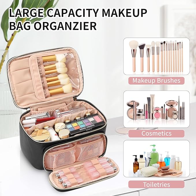 OCHEAL Makeup Bag, Multifunctional Make Up Bags with Zipper Pouch Large Compact Makeup Bag Organizer for Women Girls Cosmetics Toiletry Brushes Storage Makeup Case with Handle Divider-Black