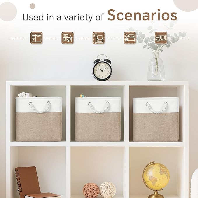 FinishingBo Fabric Cubes Storage Basket, 6 Pack 11x11 inch with Handles Cube Storage Bins, for Shelves, Home, Office Organizers (White/Khaki)