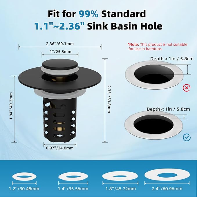 Upgraded Bathroom Sink Drain Strainer Hair Catcher 2PCS Universal 3 in 1 Pop-up Sink Stopper, Fit for 1.1''~2.36'' Basin Hole