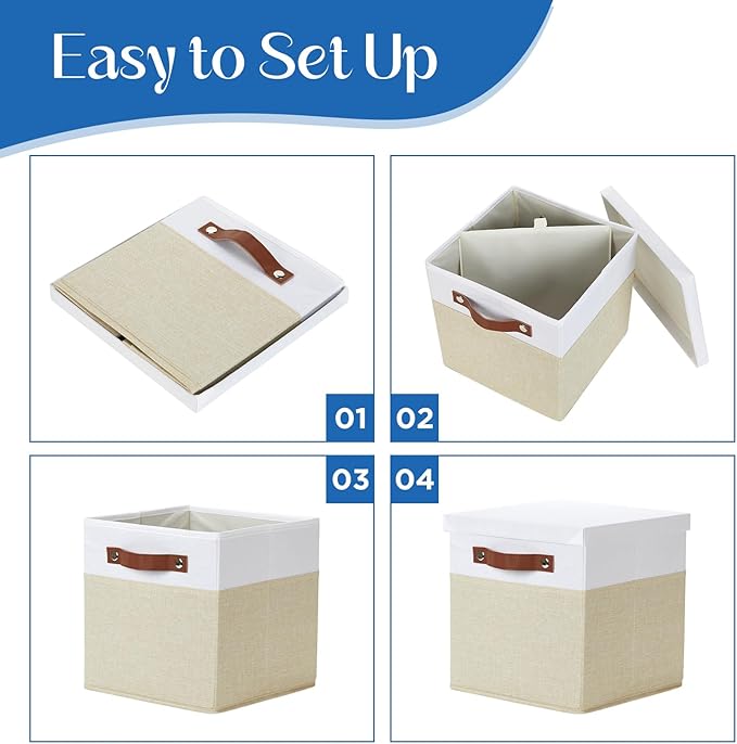 Foldable Fabric Storage Bins with Lids, White&Khaki, 10.5x10.5x10.5in