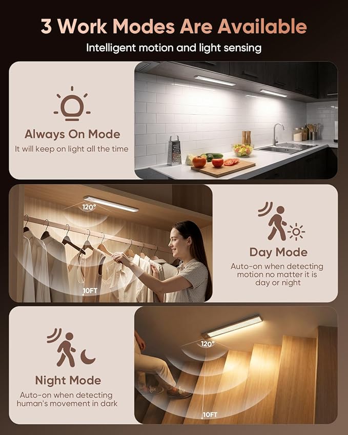 12inch Under Cabinet Lighting Wireless, 152LED Motion Sensor Light Indoor, USB Rechargeable Closet Lights, 3 Color Temps & Dimmable, Stick On Under Counter Lights for Kitchen, Pantry, Stairs, 3 Pack