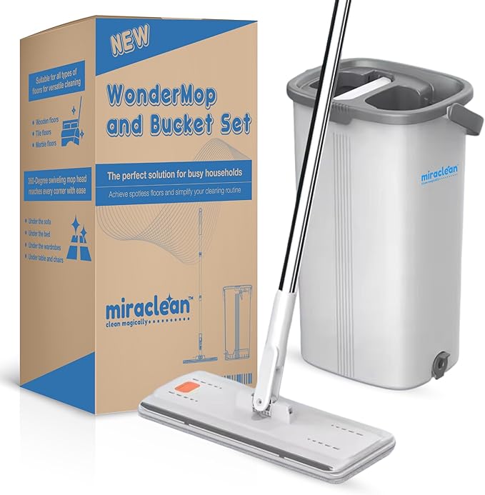 WonderMop and Bucket Set - 6L Bucket Capacity, 54-Inch Pole - Flat Mop and Bucket System - Microfiber Mop & Bucket Floor Cleaning System - Separate Dirty and Clean Water Compartments