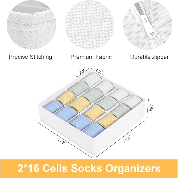 Joyoldelf Sock Drawer Organizer Divider, 16-Cell Underwear Organizers and Storage Fabric Drawer Organizer for Socks, Lingerie, Handkerchiefs, Ties Black, 2 Packs (White)