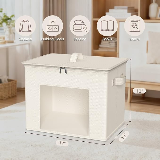 Zilink Fabric Storage Bins with Lid 4-Pack Stackable Cloth Storage Bins Sweater Organizer with Zipper & Clear Window Closet Organizers and Storage Box for Home, Office, Bedroom (Beige,17" x 12" x 12")