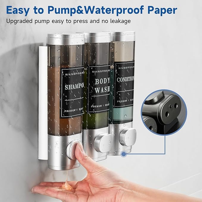 Shampoo and Conditioner Dispenser,Shower Dispenser 3 Chamber No Drill Wall-Mounted Shampoo Dispenser for Shower Wall Mounted Body Wash Dispenser for Bathroom Hotel Kitchen Large Capacity,Silver1