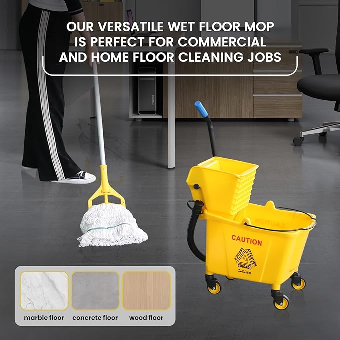 35Qt Commercial Mop Bucket with Side Wringer,Including 1* Commercial Loop-end Mop and 1* Mop Head Replacement