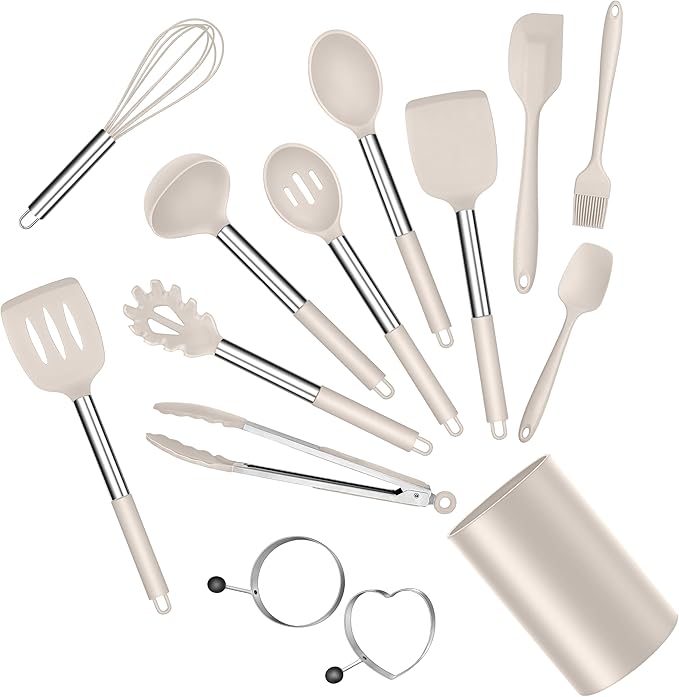 E-far Silicone Cooking Utensils Set, 14-Piece Khaki Kitchen Utensils Set with Holder, Kitchen Tools Spatulas with Stainless Steel Handle for Non-stick Cookware, Heat Resistant & Dishwasher safe
