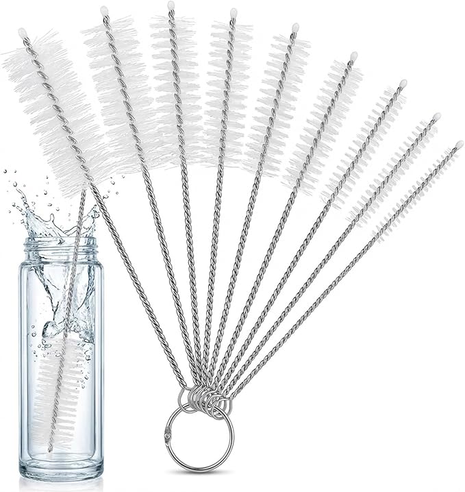 Mini Straw & Pipe Cleaning Nylon Brushes | 10 Brush Set | 8 inch Length | Flexible, Non-Scratch, Rust-Resistant Steel Handle | Reusable Straws, Pipes