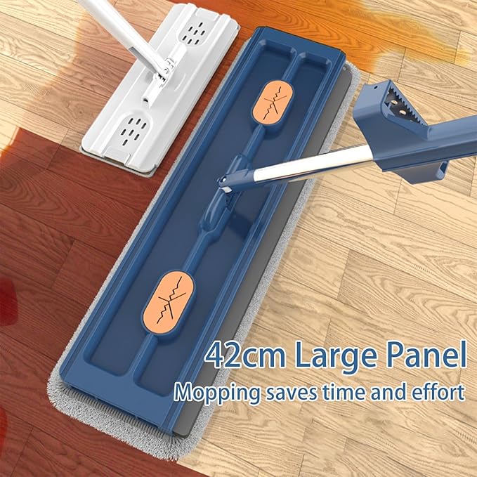 Large Flat Mop, 360° Magic Mop Flat Mop and Bucket System with Dewatering Scraper,2023 Large Flat Mop, Wet and Dry Use, Floor Mop Set for Hardwood Laminate Tiles,White, Blue