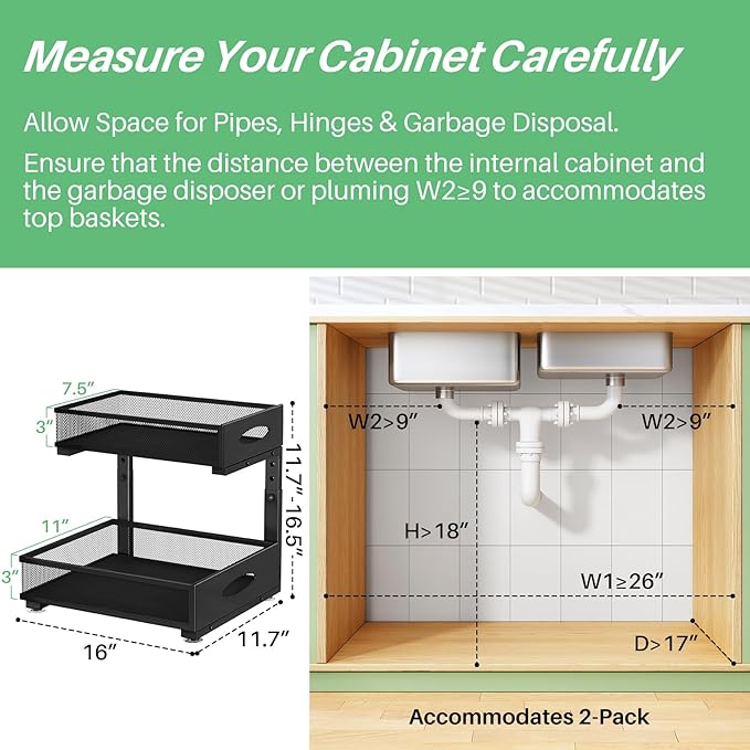 Under Sink Organizer, 2-Pack Pull Out Cabinet Organizer 2 Tier Metal Slide Out Storage Shelf Rack, L-Shaped Adjustable Height,Mesh Sliding Drawer for Kitchen, Bathroom, Laundry, Pantry, Black, XL