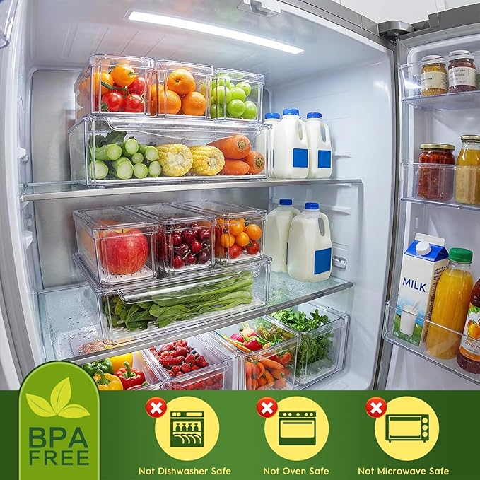 ZIJUND 4 Pack Fridge Organizer, Stackable Refrigerator Organizer Bins with Lids, BPA-Free Fridge Organizers and Storage Containers for Fruit