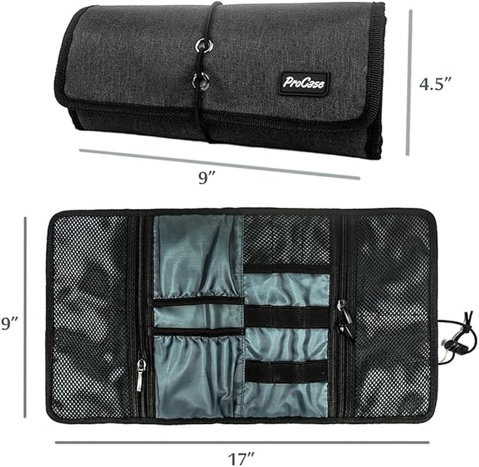 ProCase Electronic Organizer Cord Pouch, Travel Cable Charger Phone Accessories Bag Organizer Roll up Tech Carrying Case for USB Cables SD Memory Cards Earphone Flash Hard Drive –Black