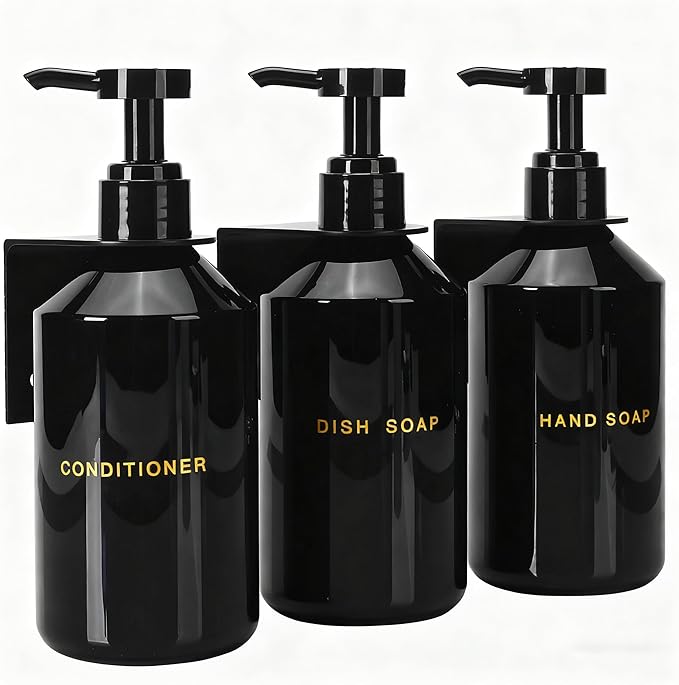 Wall Mounted Shampoo Dispenser for Shower, 3 Chamber 16.9 fl oz Each, 4CC Pump Soap Dispenser for Bathroom, Glossy Black Shampoo and Conditioner Dispenser with Crystal Labels (Black)