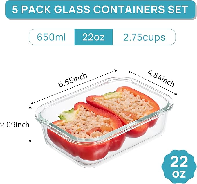 Vtopmart 5Pack 22oz Glass Storage Containers with Lids, Glass Meal Prep Food Container Sets with Snap Airtight Lids for Microwave, Oven